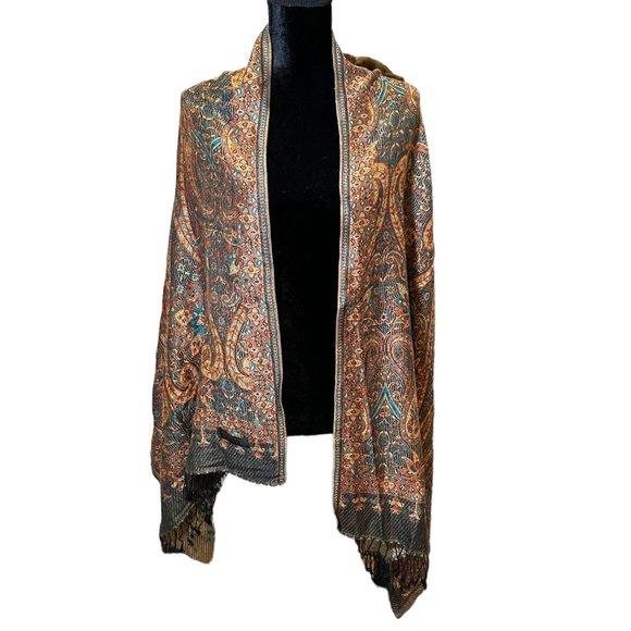 Unbranded Scarf Womens Rectangle Cashmere Orange Turquoise Boho Floral Fringe - Picture 3 of 11